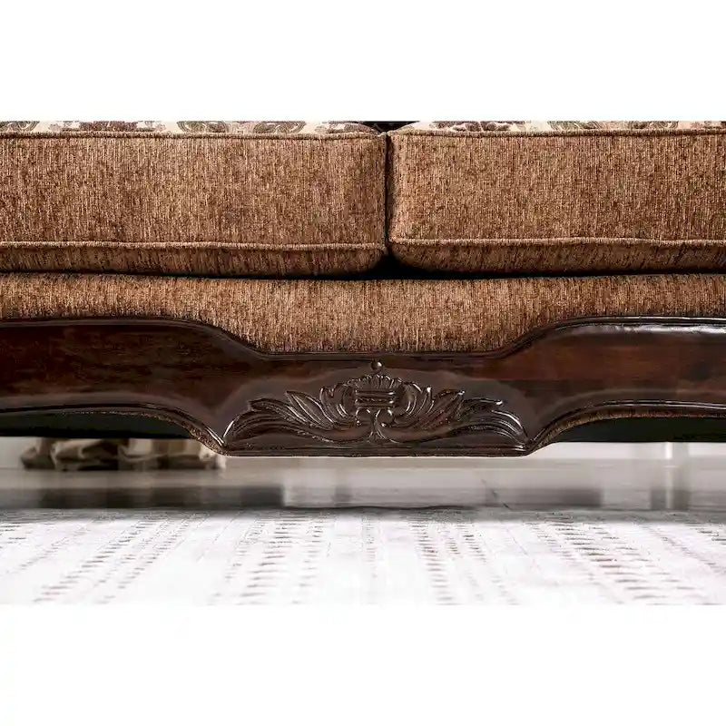 Traditional Brown Chenille Upholstered Sofa with Rolled Arms & Sturdy Frame