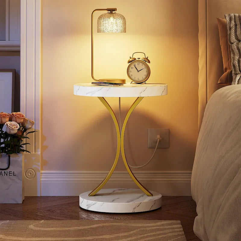 Modern Gold Round End Side Table with Faux White Marble Top and Gold Metal Frame