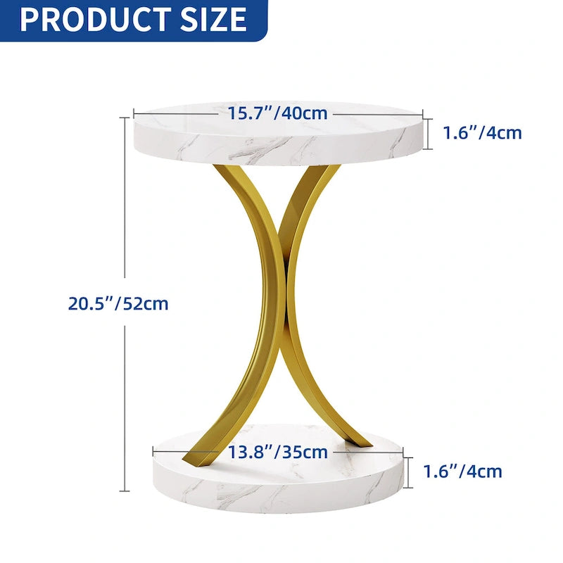 Modern Gold Round End Side Table with Faux White Marble Top and Gold Metal Frame