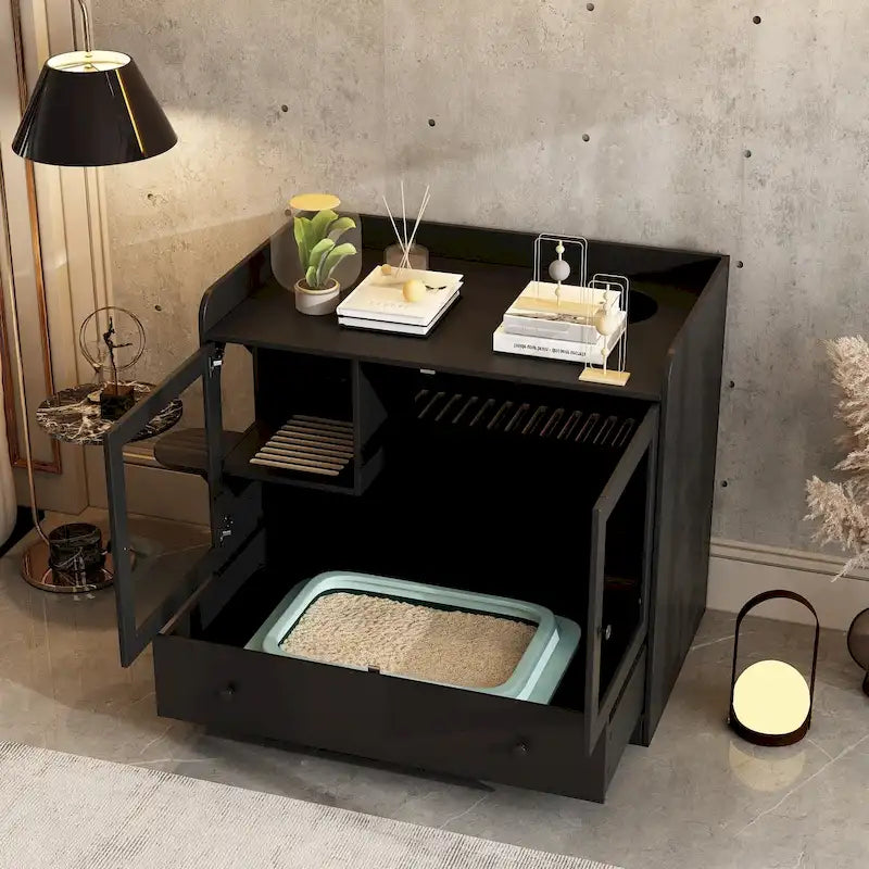 40 Cat-Friendly Litter Box Enclosure with Storage Bookcase Cabinet
