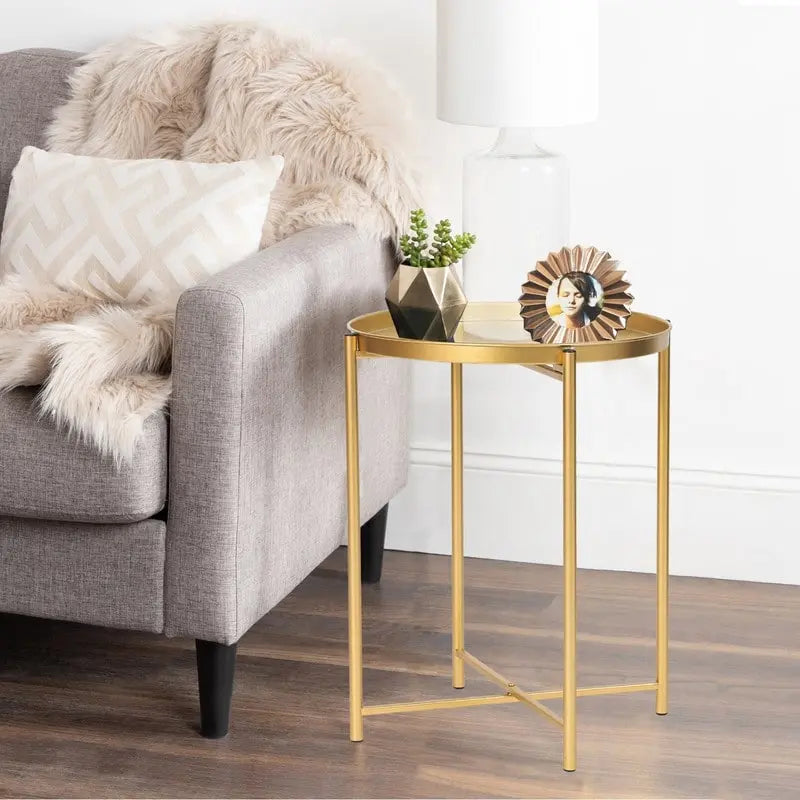 Adeco Gold End Table Metal Waterproof Snack Beside Table Accent Coffee Table - 16.9(D)x 16.9(W)x 20.5(H)