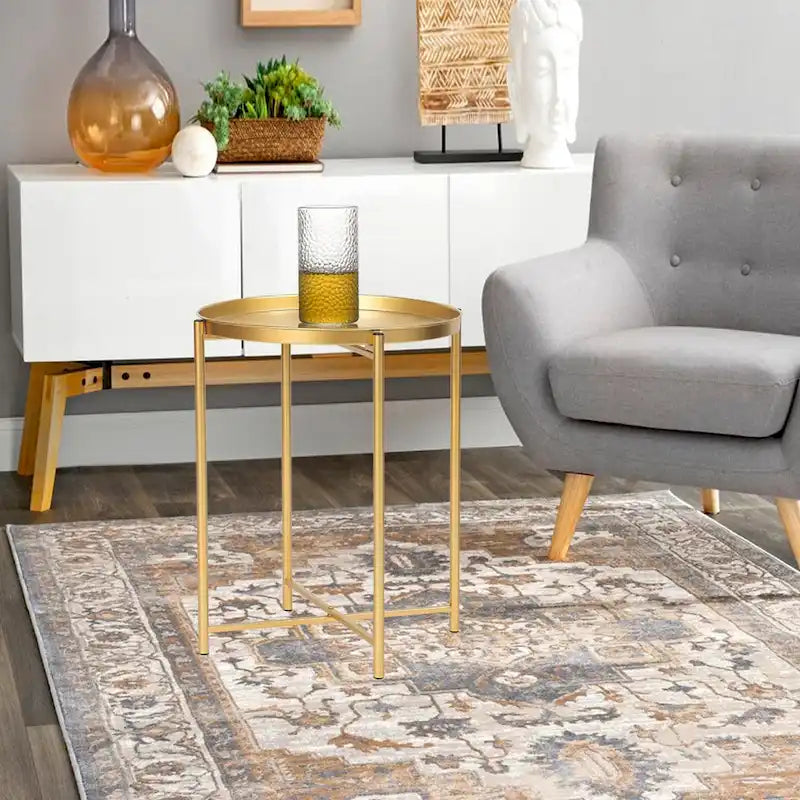 Adeco Gold End Table Metal Waterproof Snack Beside Table Accent Coffee Table - 16.9(D)x 16.9(W)x 20.5(H)