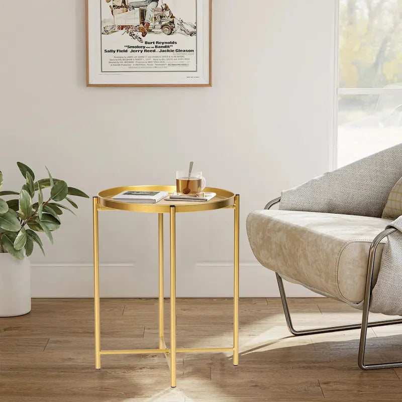 Adeco Gold End Table Metal Waterproof Snack Beside Table Accent Coffee Table - 16.9(D)x 16.9(W)x 20.5(H)