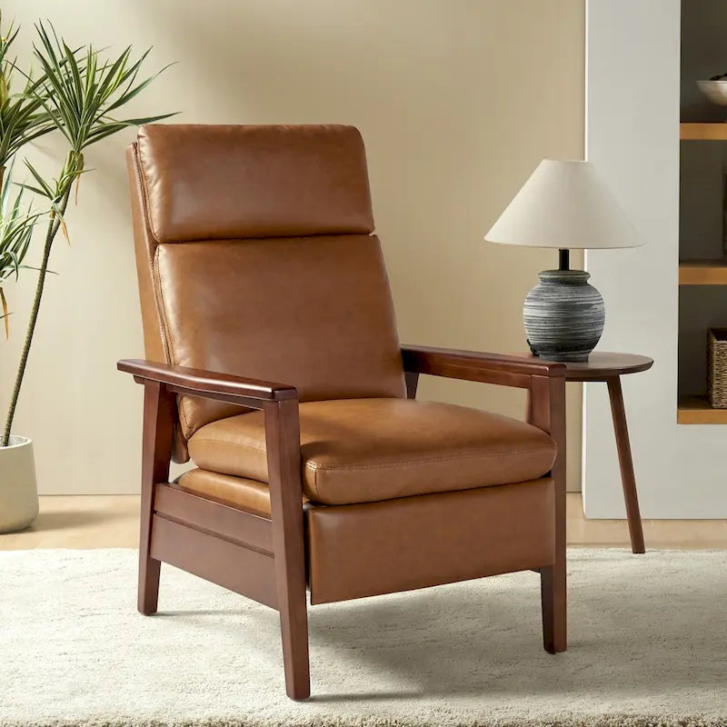 Mid-Century Vegan Leather Solid Wood Recliner with Ergonomic Support