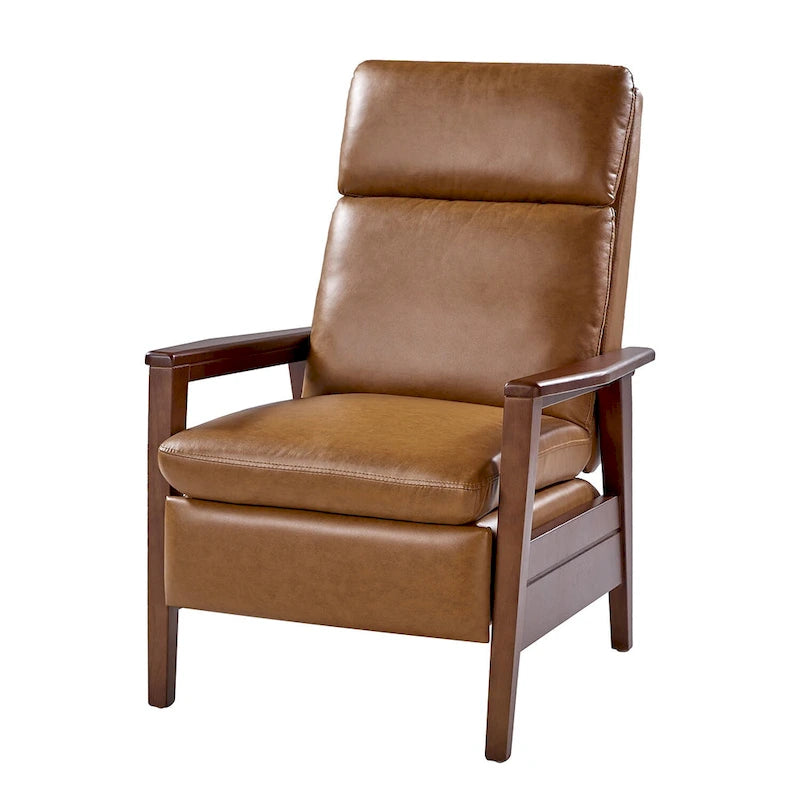 Mid-Century Vegan Leather Solid Wood Recliner with Ergonomic Support
