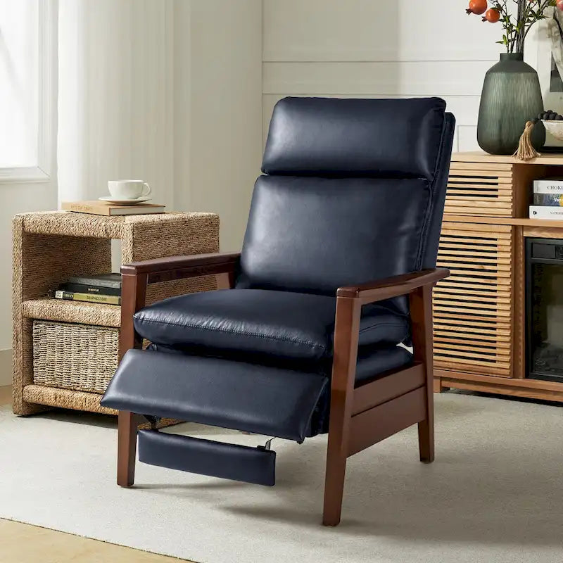 Mid-Century Vegan Leather Solid Wood Recliner with Ergonomic Support