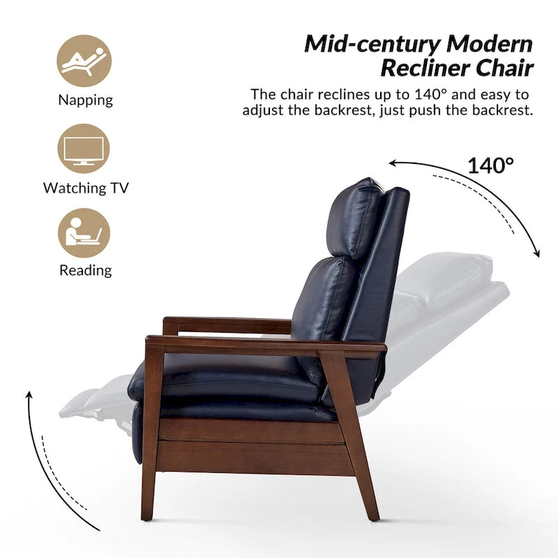 Mid-Century Vegan Leather Solid Wood Recliner with Ergonomic Support