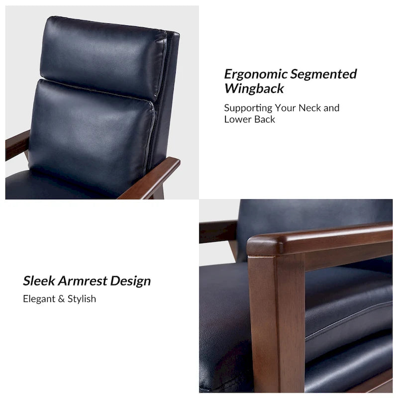 Mid-Century Vegan Leather Solid Wood Recliner with Ergonomic Support