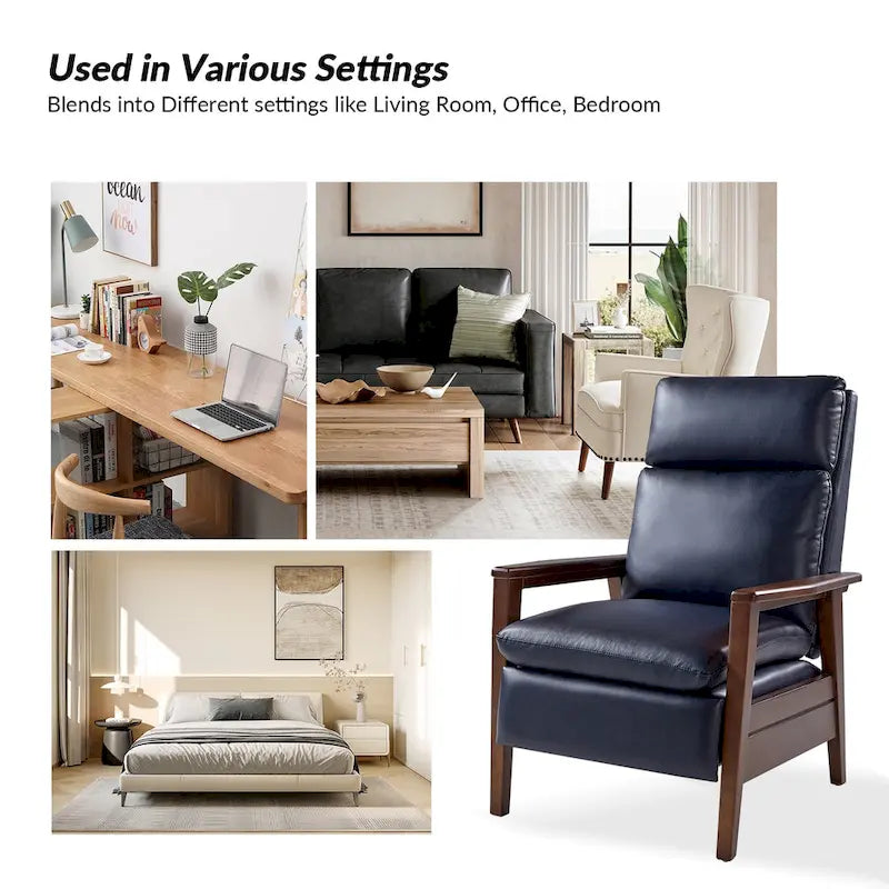 Mid-Century Vegan Leather Solid Wood Recliner with Ergonomic Support