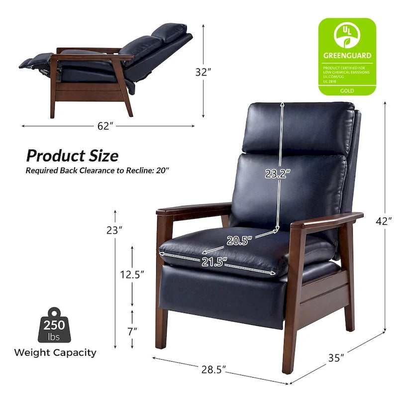 Mid-Century Vegan Leather Solid Wood Recliner with Ergonomic Support