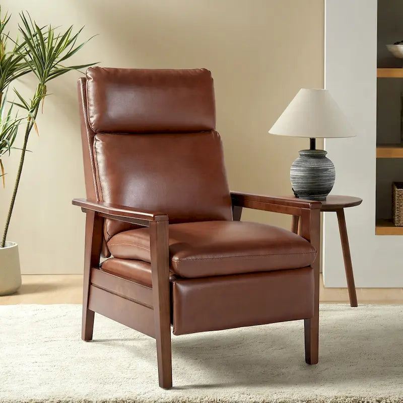 Mid-Century Vegan Leather Solid Wood Recliner with Ergonomic Support