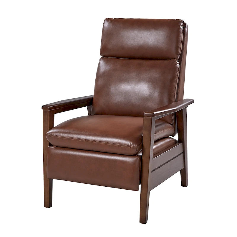 Mid-Century Vegan Leather Solid Wood Recliner with Ergonomic Support