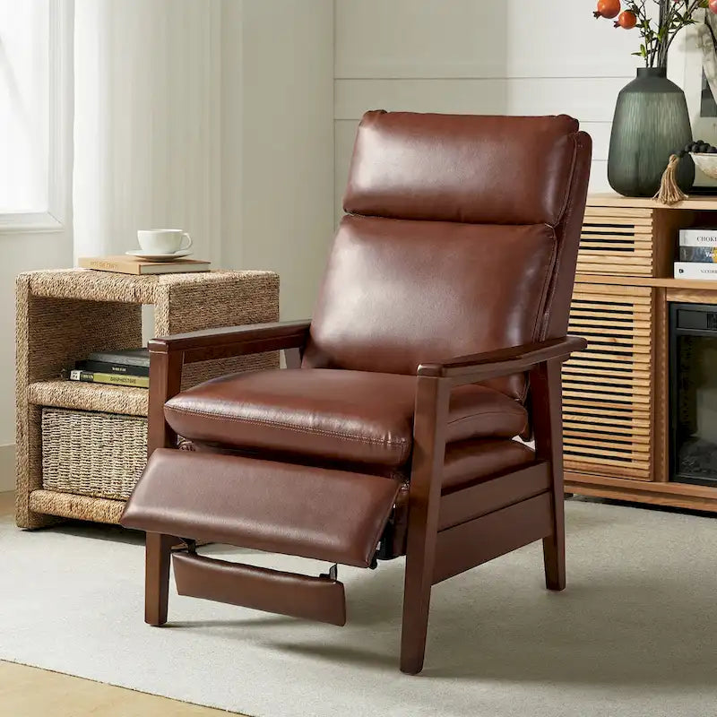 Mid-Century Vegan Leather Solid Wood Recliner with Ergonomic Support