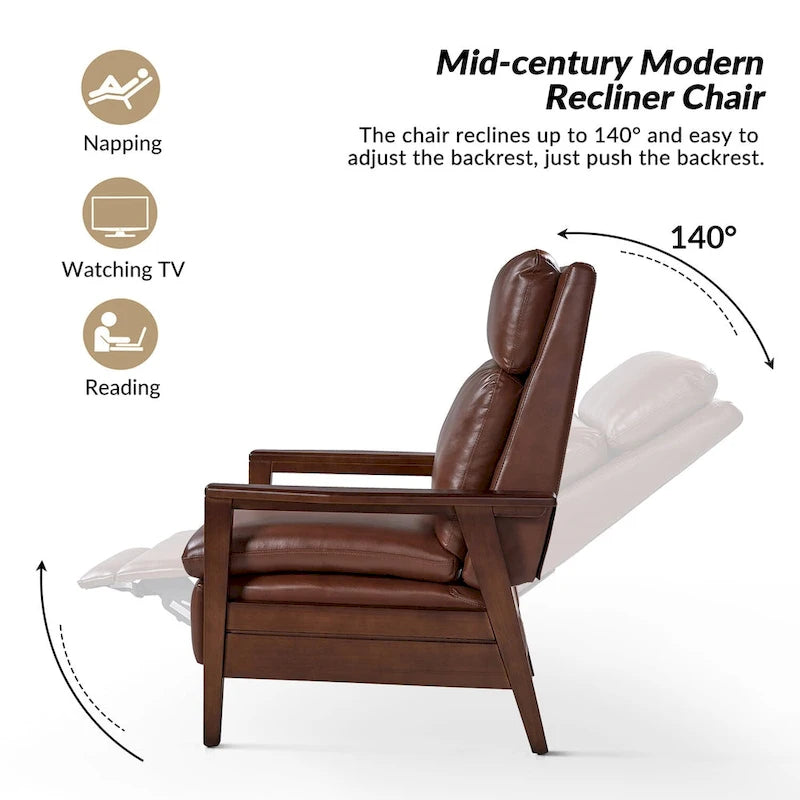 Mid-Century Vegan Leather Solid Wood Recliner with Ergonomic Support