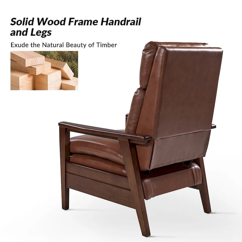 Mid-Century Vegan Leather Solid Wood Recliner with Ergonomic Support