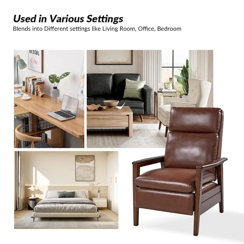 Mid-Century Vegan Leather Solid Wood Recliner with Ergonomic Support