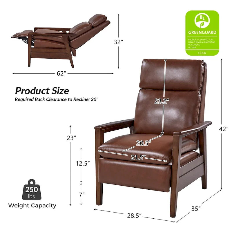 Mid-Century Vegan Leather Solid Wood Recliner with Ergonomic Support