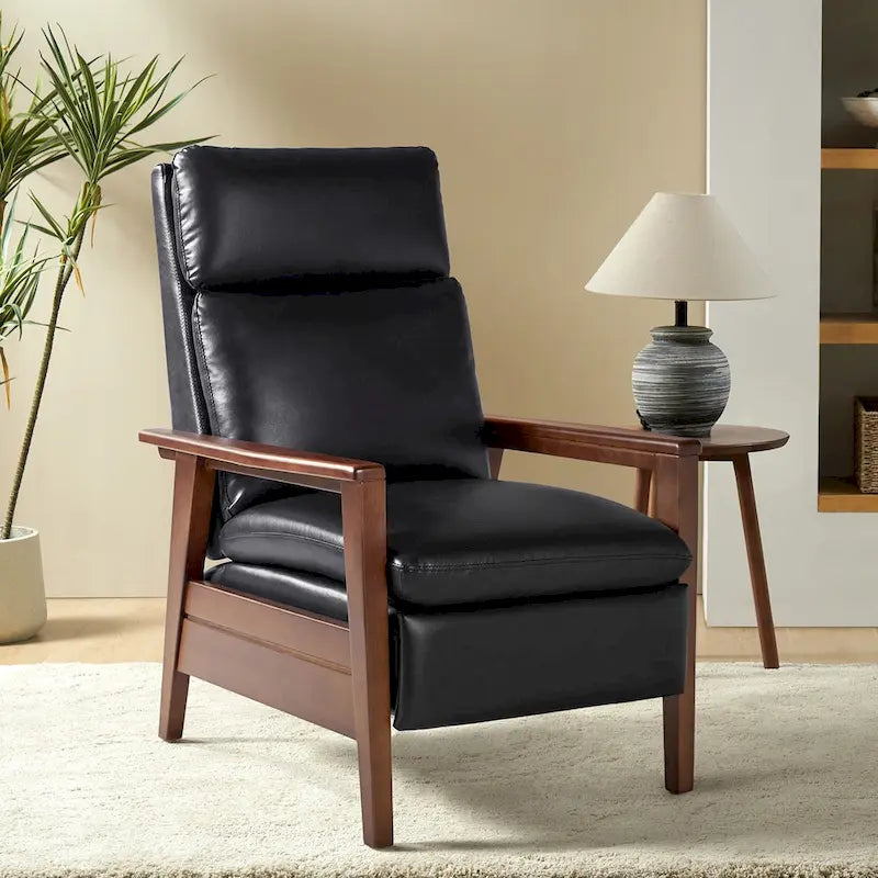 Mid-Century Vegan Leather Solid Wood Recliner with Ergonomic Support