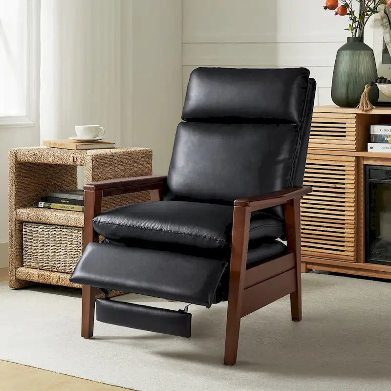 Mid-Century Vegan Leather Solid Wood Recliner with Ergonomic Support