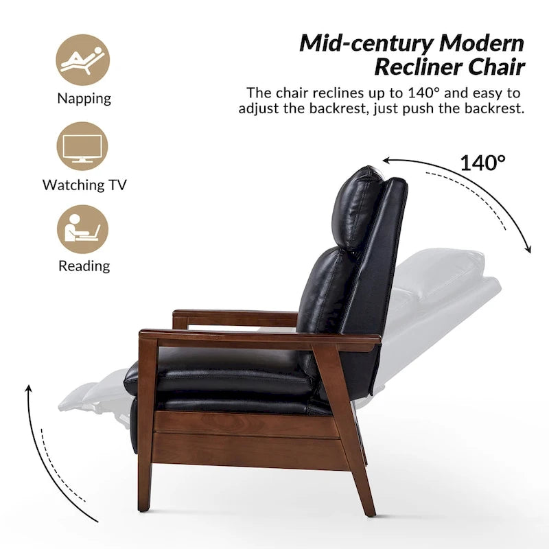 Mid-Century Vegan Leather Solid Wood Recliner with Ergonomic Support