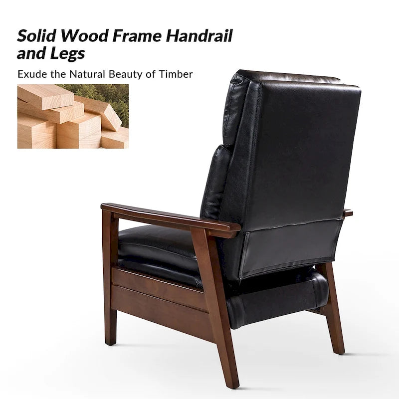 Mid-Century Vegan Leather Solid Wood Recliner with Ergonomic Support