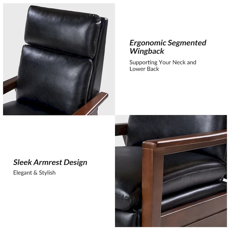 Mid-Century Vegan Leather Solid Wood Recliner with Ergonomic Support