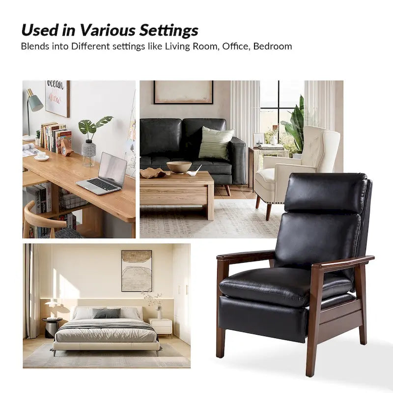 Mid-Century Vegan Leather Solid Wood Recliner with Ergonomic Support