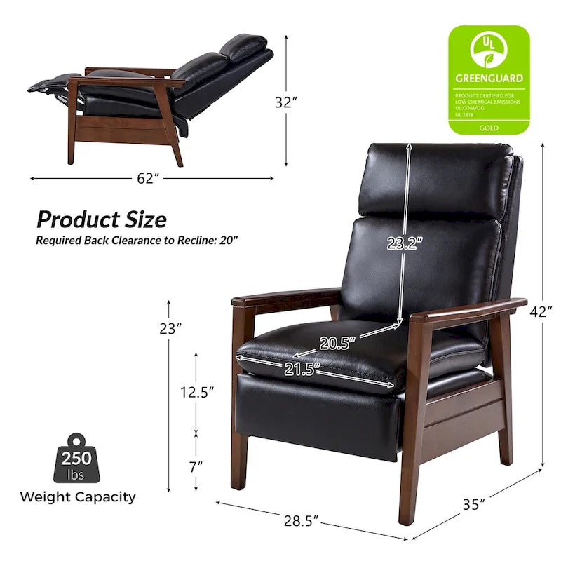 Mid-Century Vegan Leather Solid Wood Recliner with Ergonomic Support