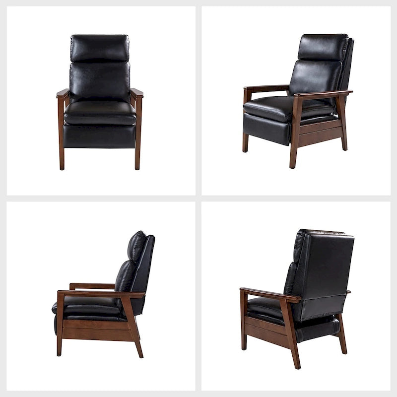 Mid-Century Vegan Leather Solid Wood Recliner with Ergonomic Support