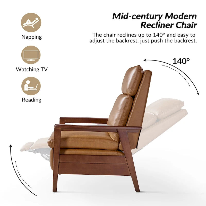 Mid-Century Vegan Leather Solid Wood Recliner with Ergonomic Support