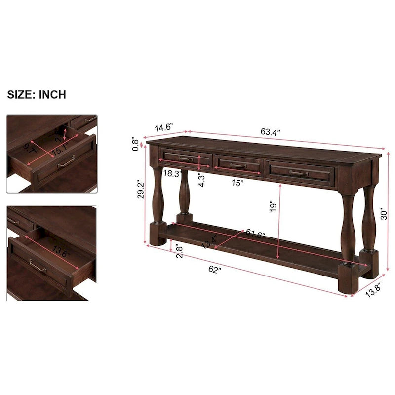 63inch Long Wood Console Table with 3 Drawers and 1 Bottom Shelf for Entryway Hallway Easy Assembly Extra-thick Sofa Table