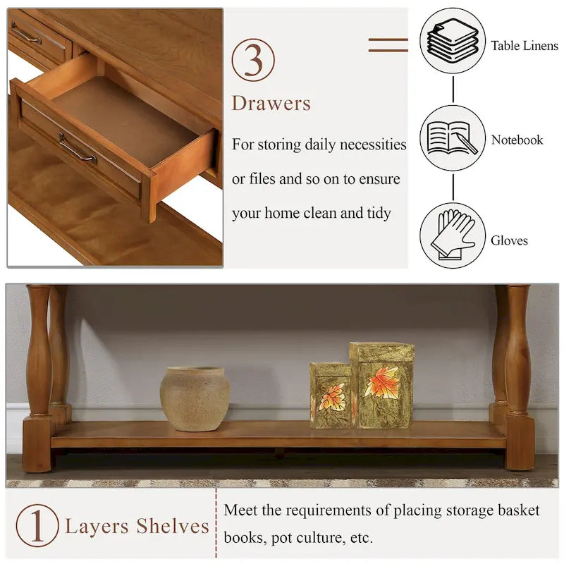 63inch Long Wood Console Table with 3 Drawers and 1 Bottom Shelf for Entryway Hallway Easy Assembly Extra-thick Sofa Table