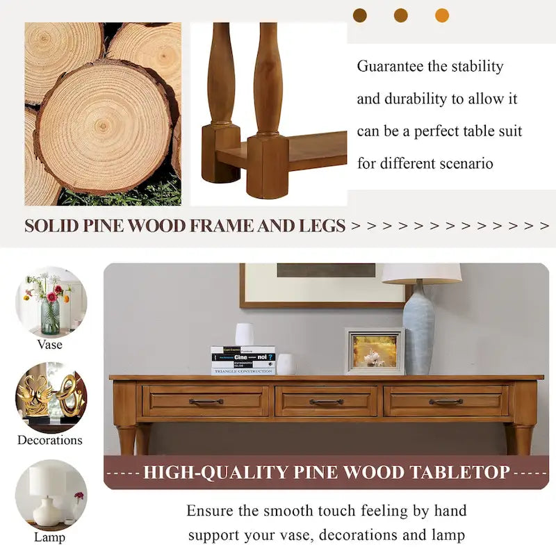 63inch Long Wood Console Table with 3 Drawers and 1 Bottom Shelf for Entryway Hallway Easy Assembly Extra-thick Sofa Table