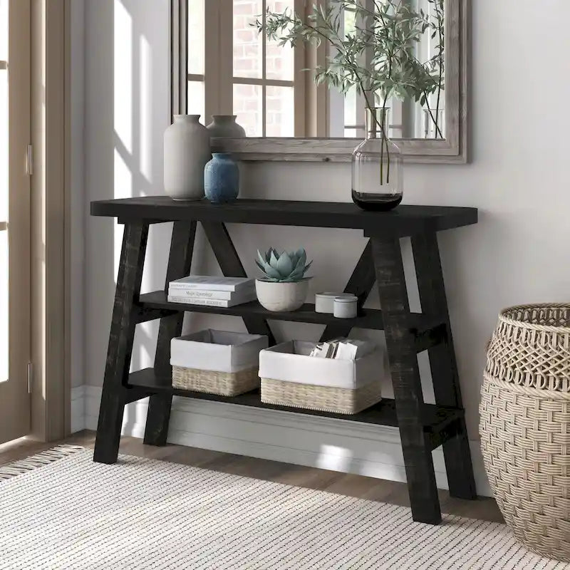 Farmhouse 47-Inch Console Table with 2 Open Shelves & Natural Wood Finish