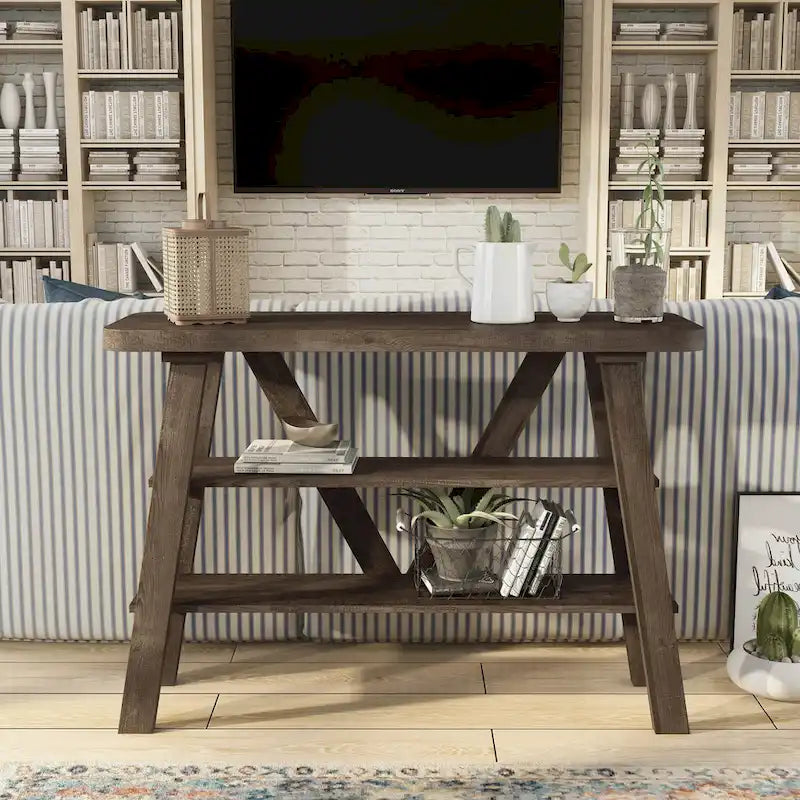 Farmhouse 47-Inch Console Table with 2 Open Shelves & Natural Wood Finish