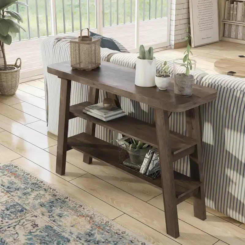 Farmhouse 47-Inch Console Table with 2 Open Shelves & Natural Wood Finish