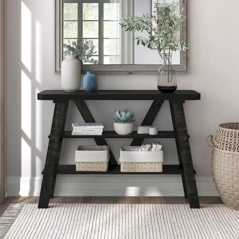 Farmhouse 47-Inch Console Table with 2 Open Shelves & Natural Wood Finish