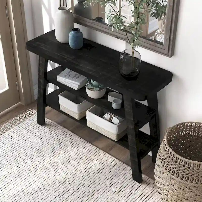 Farmhouse 47-Inch Console Table with 2 Open Shelves & Natural Wood Finish