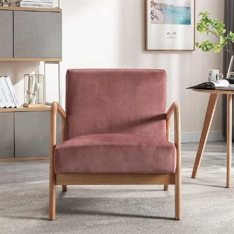 Velvet & Wood Mid-Century Modern Armchair with Tufted Back & Tapered Legs
