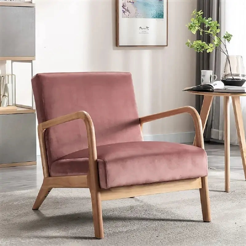 Velvet & Wood Mid-Century Modern Armchair with Tufted Back & Tapered Legs