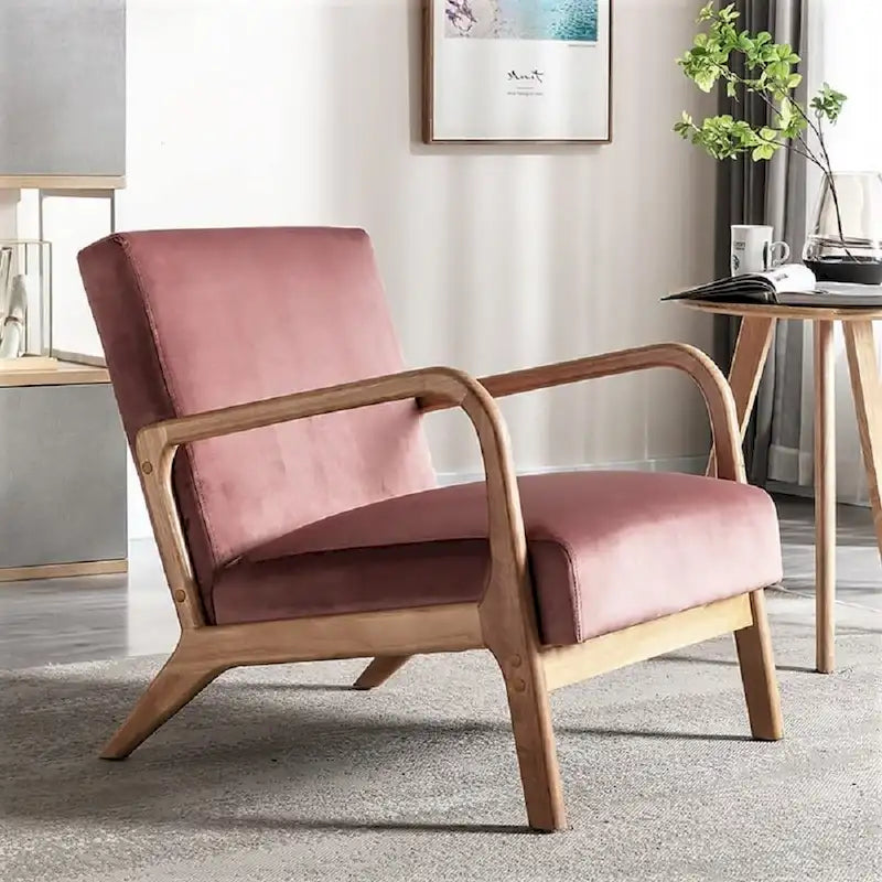 Velvet & Wood Mid-Century Modern Armchair with Tufted Back & Tapered Legs