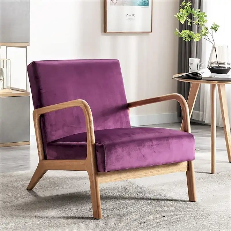 Velvet & Wood Mid-Century Modern Armchair with Tufted Back & Tapered Legs