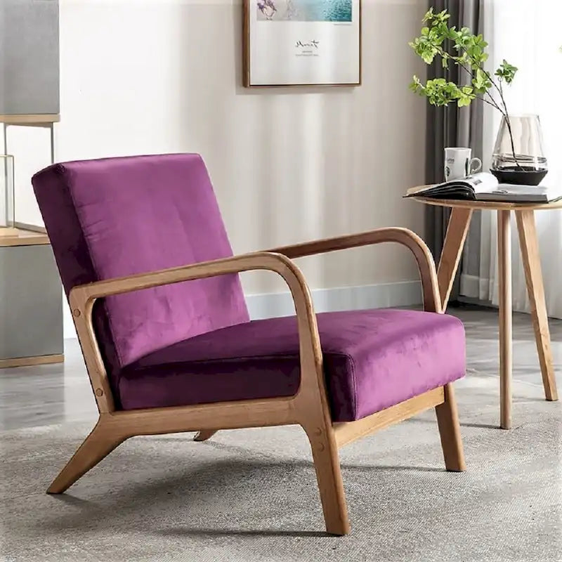 Velvet & Wood Mid-Century Modern Armchair with Tufted Back & Tapered Legs