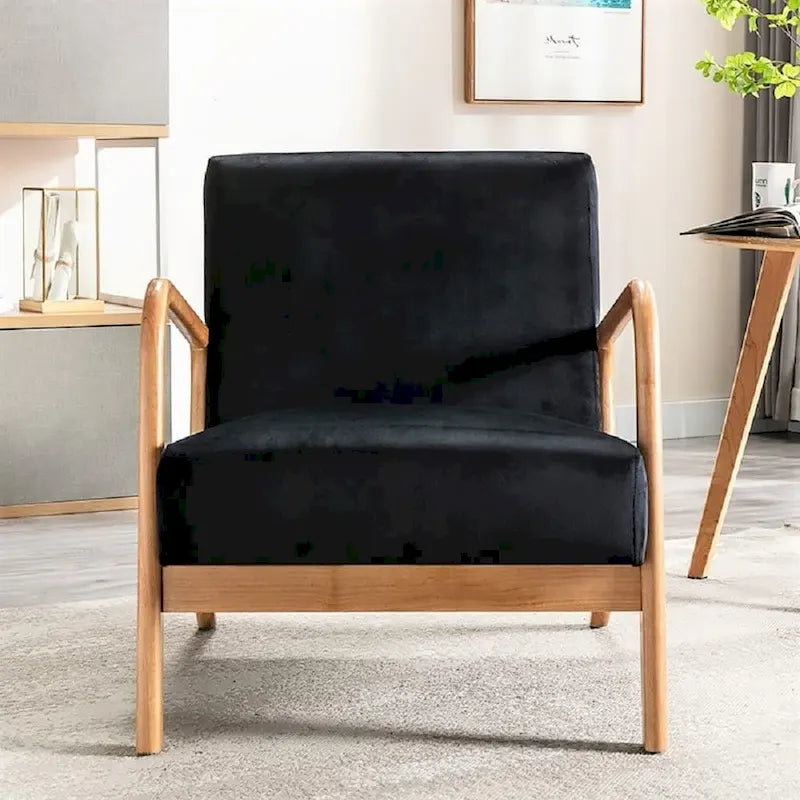 Velvet & Wood Mid-Century Modern Armchair with Tufted Back & Tapered Legs