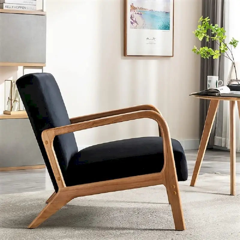 Velvet & Wood Mid-Century Modern Armchair with Tufted Back & Tapered Legs