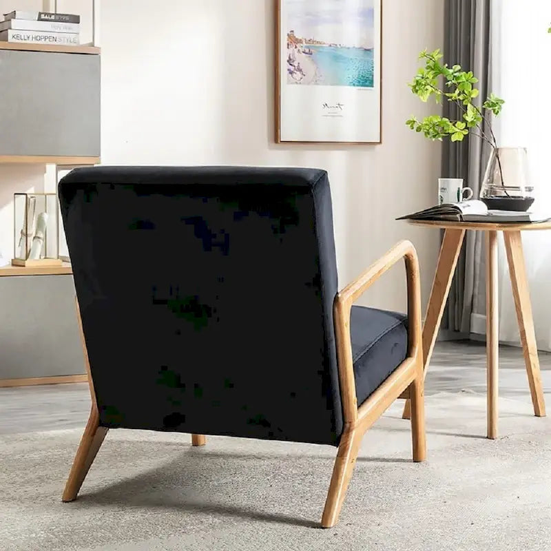 Velvet & Wood Mid-Century Modern Armchair with Tufted Back & Tapered Legs