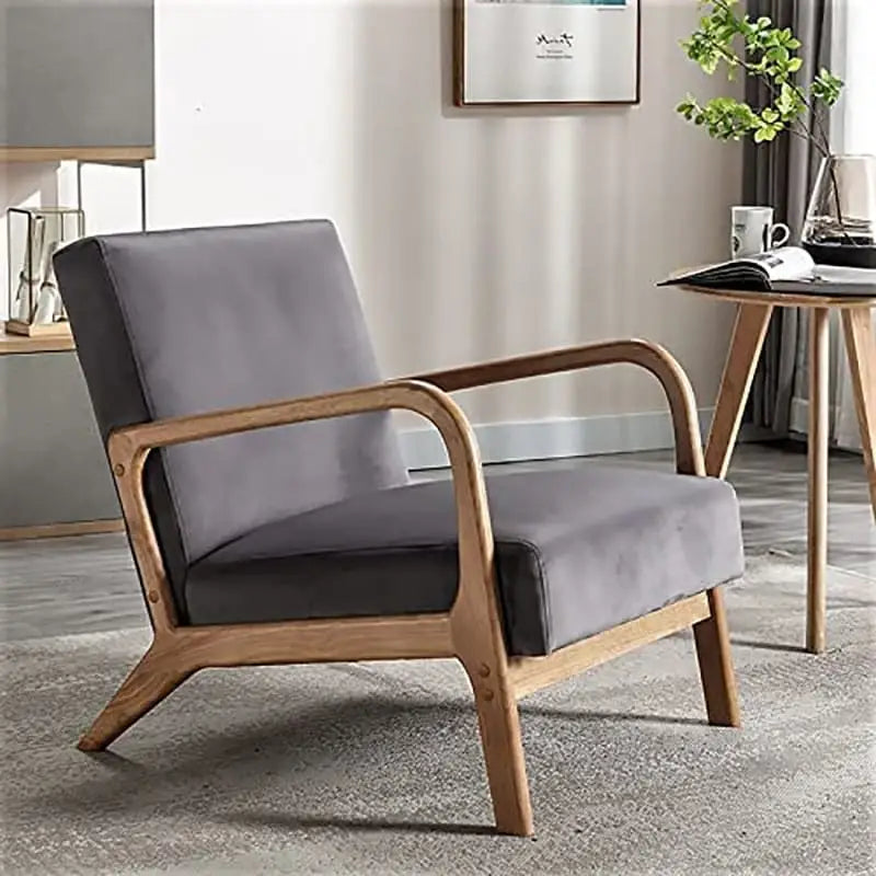 Velvet & Wood Mid-Century Modern Armchair with Tufted Back & Tapered Legs
