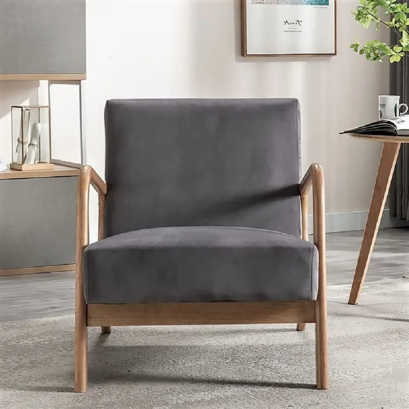 Velvet & Wood Mid-Century Modern Armchair with Tufted Back & Tapered Legs