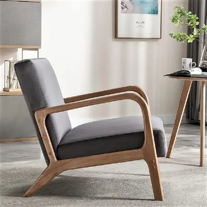 Velvet & Wood Mid-Century Modern Armchair with Tufted Back & Tapered Legs