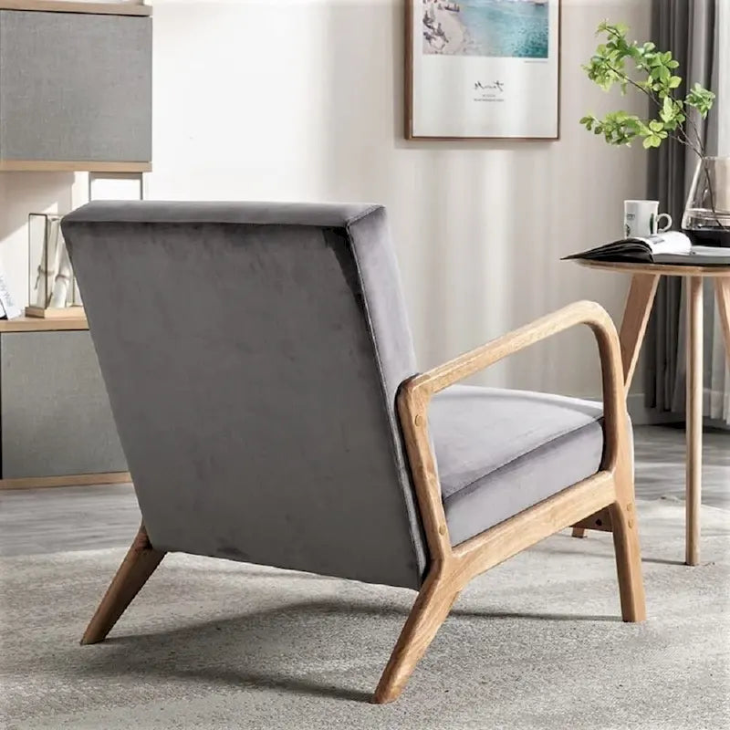 Velvet & Wood Mid-Century Modern Armchair with Tufted Back & Tapered Legs